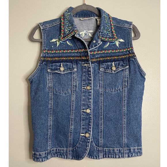 Bill Bass Medium Vest Vintage 90s Denim Embroidered Floral Rhinestone Y2K Rose - Picture 1 of 9
